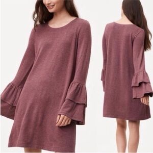 Loft Mauve Plum Knit Dress with Ruffle Bell Sleeves Size XS